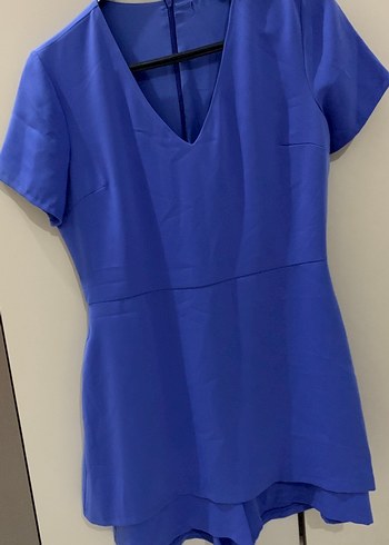 V Yakalı Mavi Kadın Şort Tulum - Görsel 2