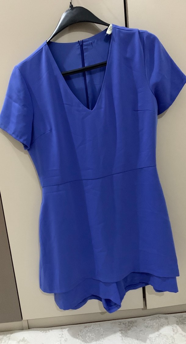 V Yakalı Mavi Kadın Şort Tulum - Görsel 2