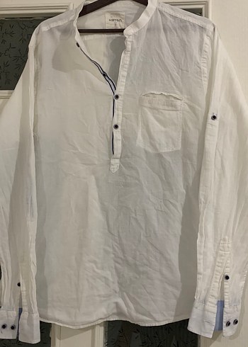 Erkek Beyaz Keten Uzun Kollu Gömlek - Görsel 2