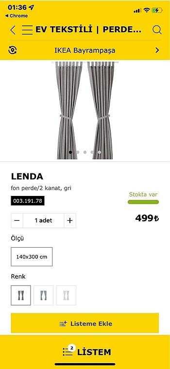 IKEA LENDA Fon Perde / 2 kanat , gri