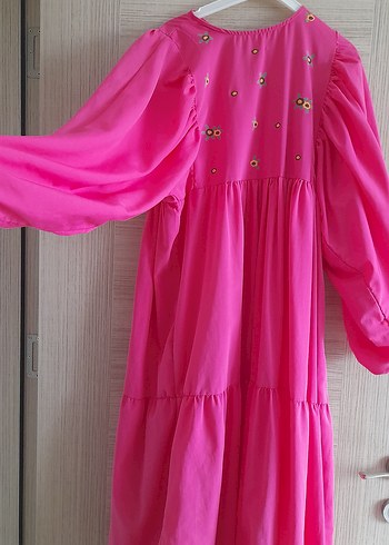 Pembe Nakışlı Uzun Bohem Elbise - Görsel 6