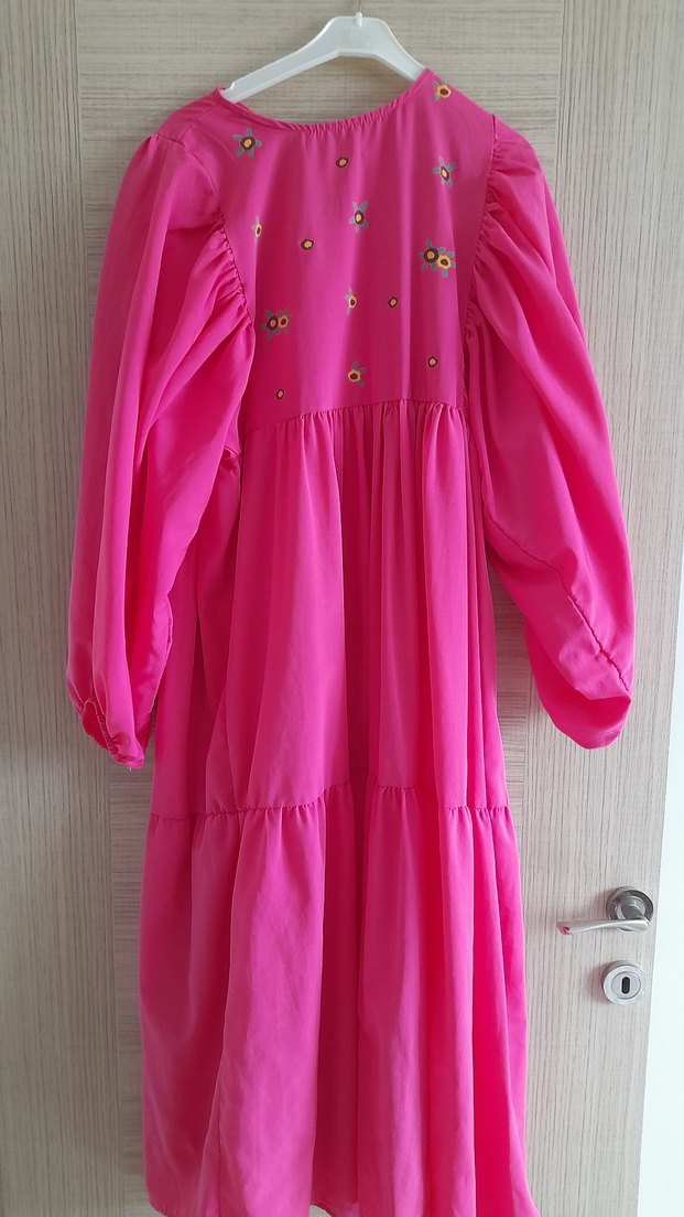 Pembe Nakışlı Uzun Bohem Elbise - Görsel 5