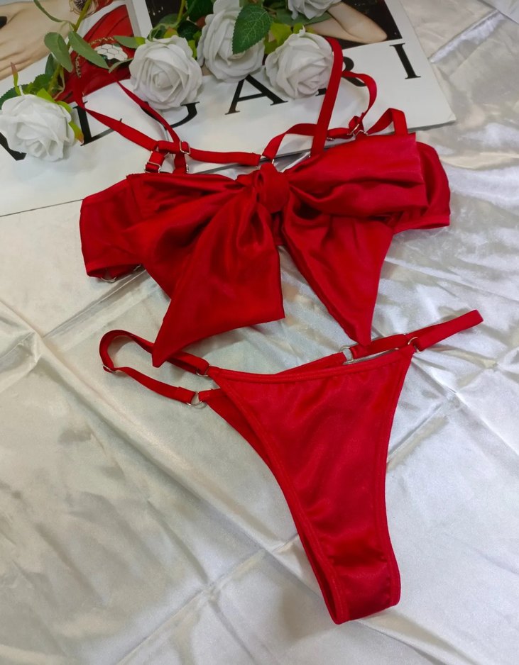 Parlak Kırmızı Fiyonk Detaylı iç çamaşır Takımı - Görsel 3