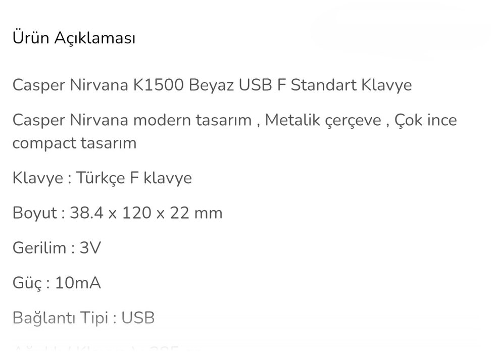 Casper Nirvana K1500 Beyaz USB Klavye - Görsel 5