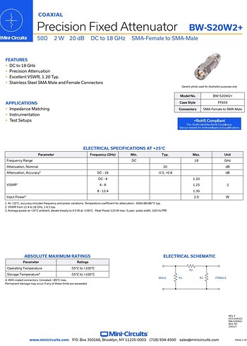 BW-S20W2+ 20dB Fixed Attenuator, DC- 18000 MHz, 50 - Görsel 2