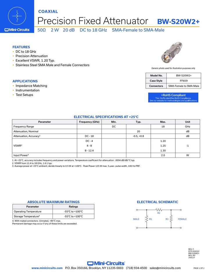 BW-S20W2+ 20dB Fixed Attenuator, DC- 18000 MHz, 50 - Görsel 2