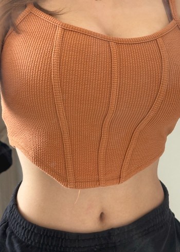 Bershka Bej Örgü İnce Askılı Crop Top