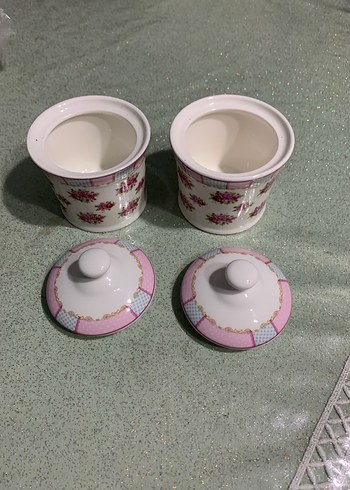 Pembe Çiçekli Kapaklı Seramik Kavanoz Seti - Görsel 2