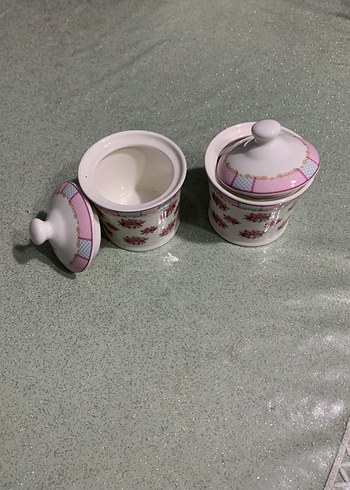 Pembe Çiçekli Kapaklı Seramik Kavanoz Seti - Görsel 3