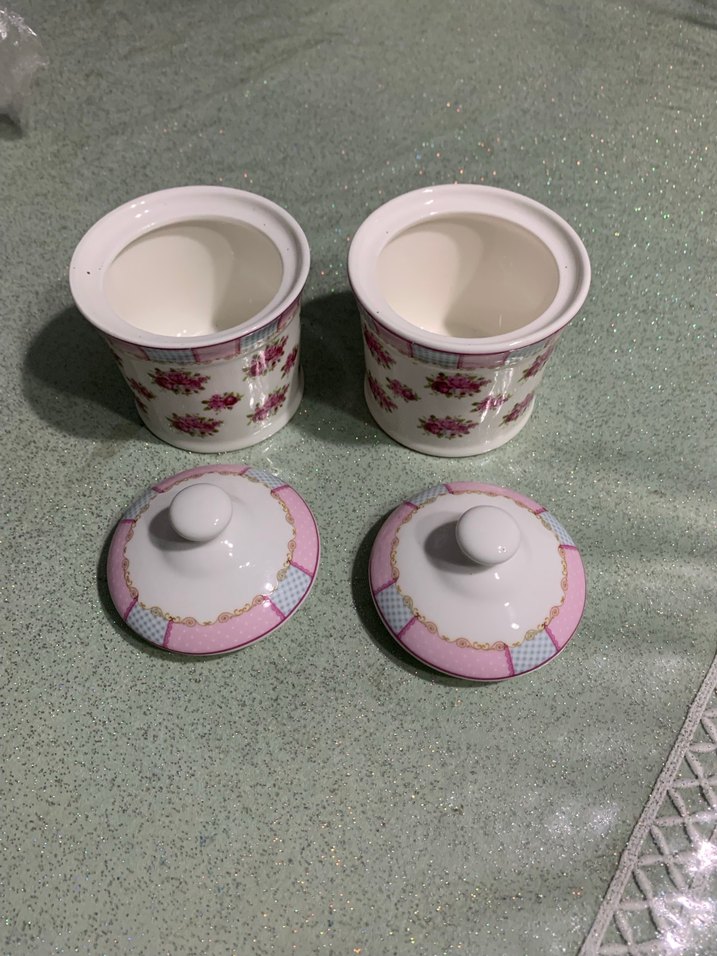 Pembe Çiçekli Kapaklı Seramik Kavanoz Seti - Görsel 2