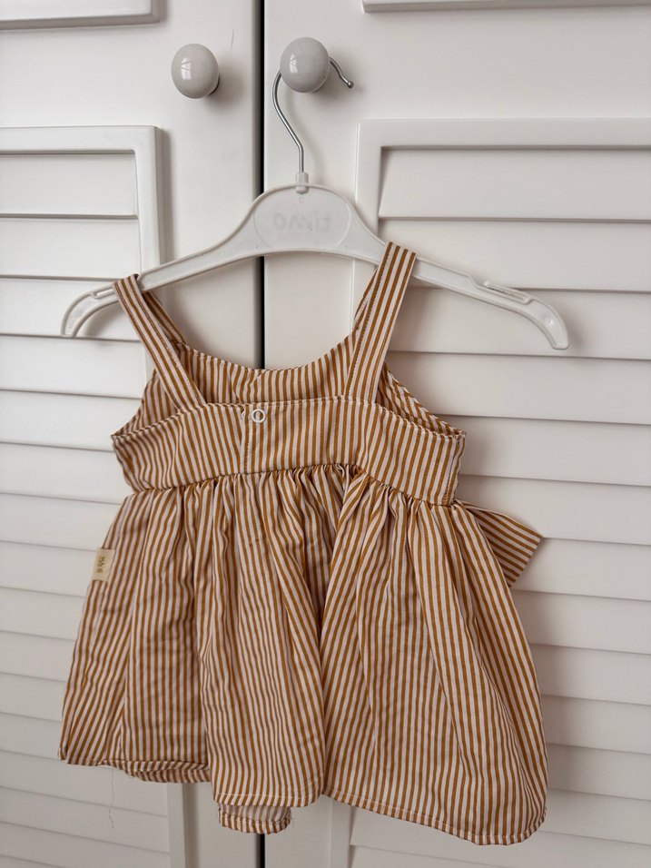 Kız Çocuk Kahverengi Çizgili Askılı Elbise - Görsel 2