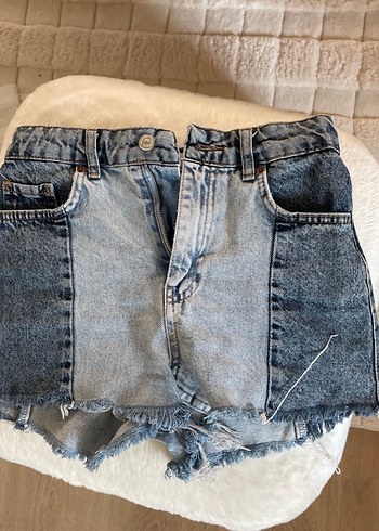Düğmeli Gri Mavi Kadın Mini Denim Şort