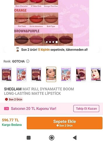 Beden Sheglam ruj kötüsüyle gönderilecektır Trendyol da 596 TL dır