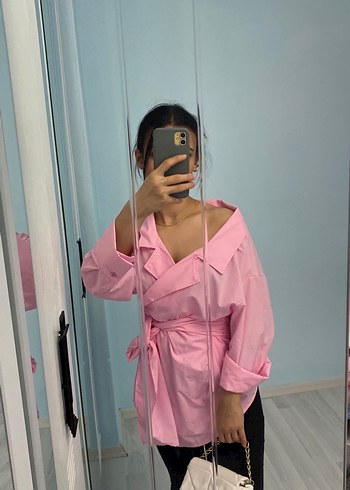 Pembe Midi Boylu Loose Fit Kadın Gömlek - Görsel 4