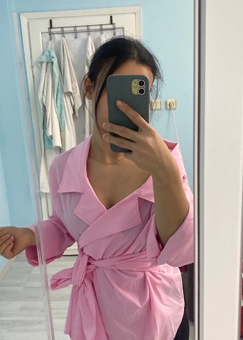 Pembe Midi Boylu Loose Fit Kadın Gömlek - Görsel 2