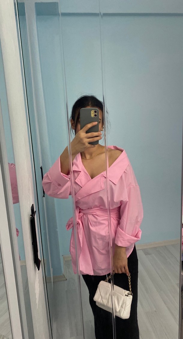 Pembe Midi Boylu Loose Fit Kadın Gömlek - Görsel 4