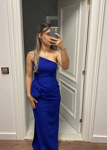 Kadın Lacivert Uzun Drapeli Straplez Elbise - Görsel 2