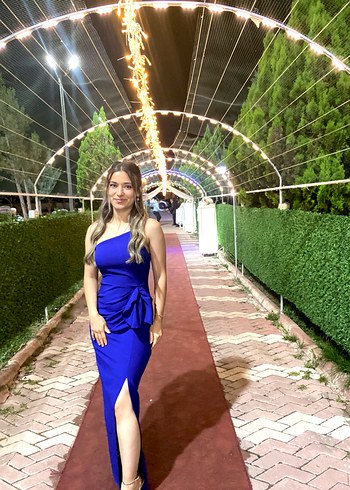 Kadın Lacivert Uzun Drapeli Straplez Elbise - Görsel 3