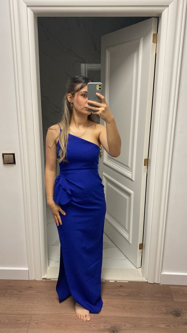 Kadın Lacivert Uzun Drapeli Straplez Elbise - Görsel 2