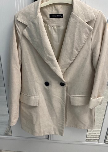 Bej Kadın Keten Düğmeli Blazer Ceket - Görsel 4