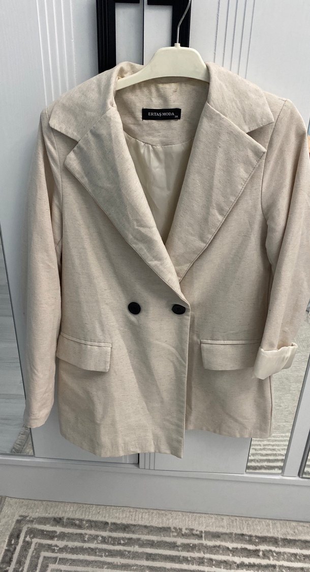 Bej Kadın Keten Düğmeli Blazer Ceket - Görsel 4