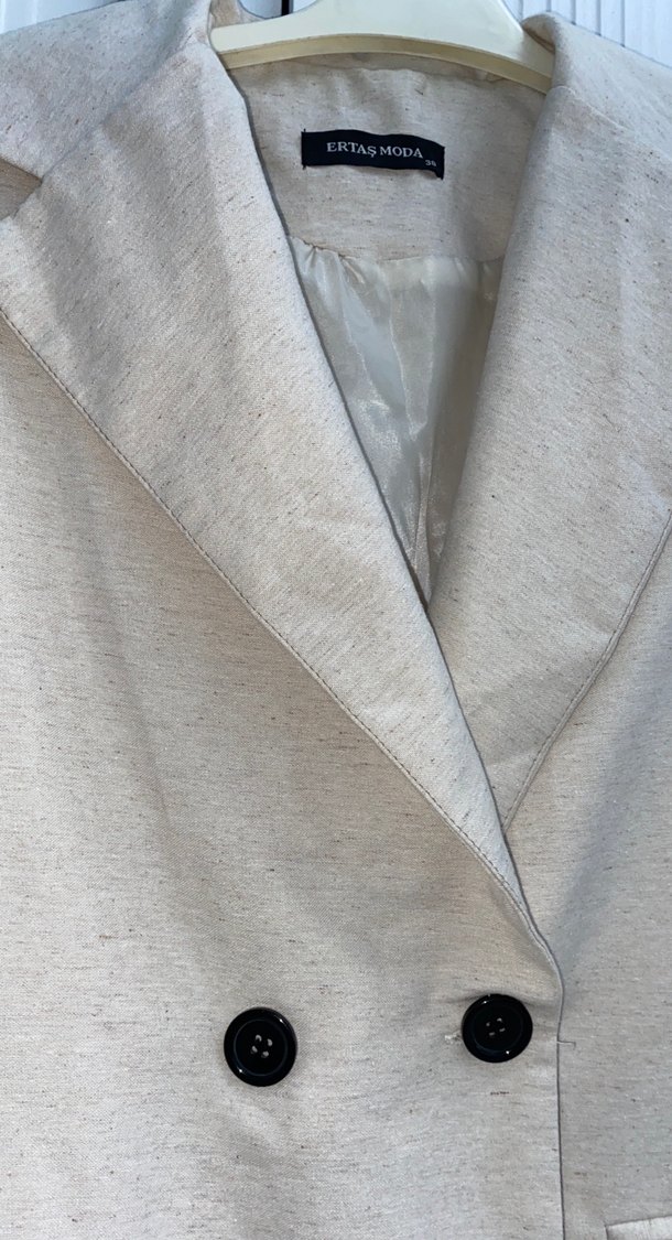 Bej Kadın Keten Düğmeli Blazer Ceket - Görsel 2