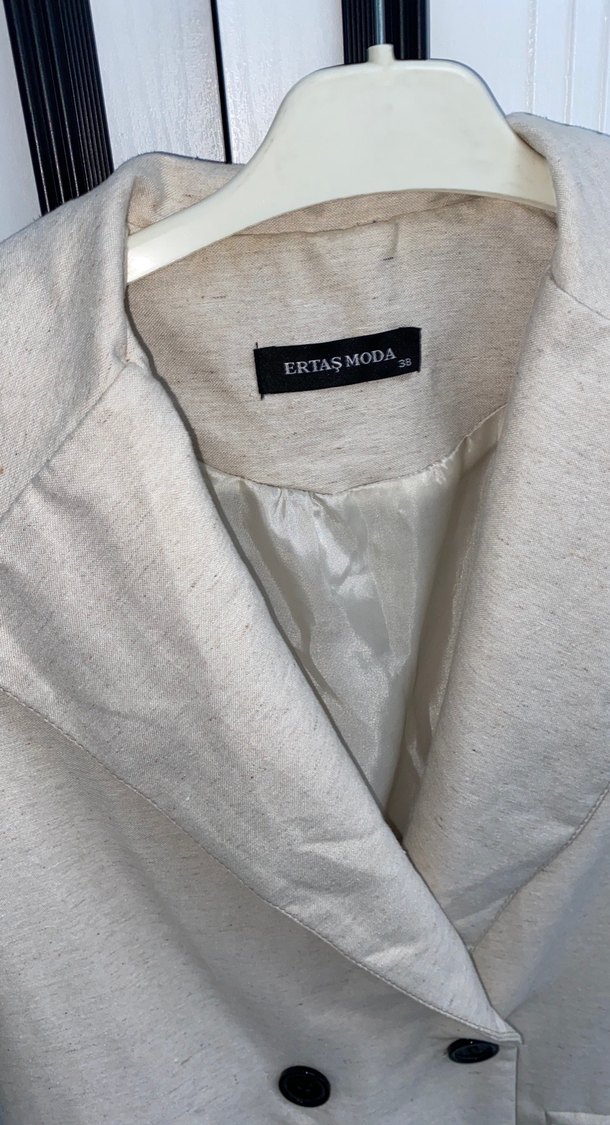 Bej Kadın Keten Düğmeli Blazer Ceket - Görsel 3