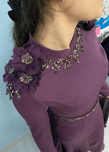 Uzun Kollu Mor Gotik Abiye Elbise - Görsel 7