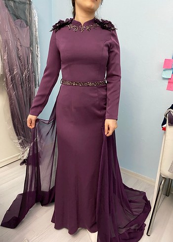 Uzun Kollu Mor Gotik Abiye Elbise - Görsel 8