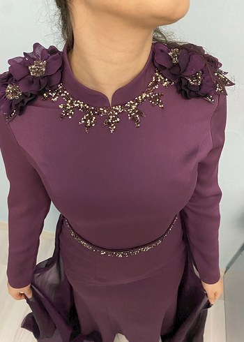 Uzun Kollu Mor Gotik Abiye Elbise - Görsel 6