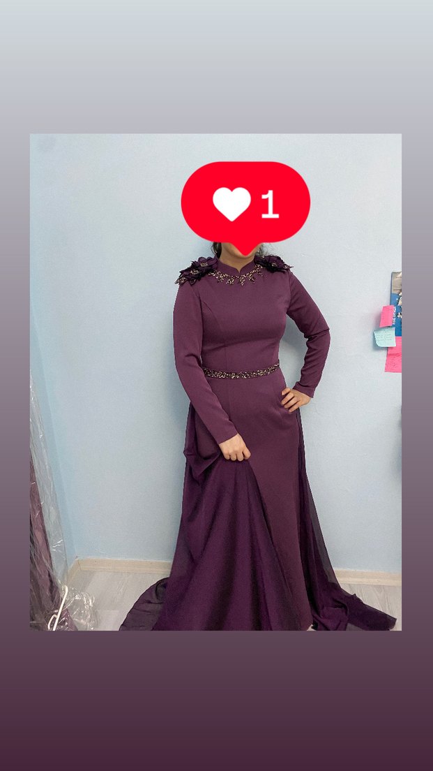 Uzun Kollu Mor Gotik Abiye Elbise - Görsel 4