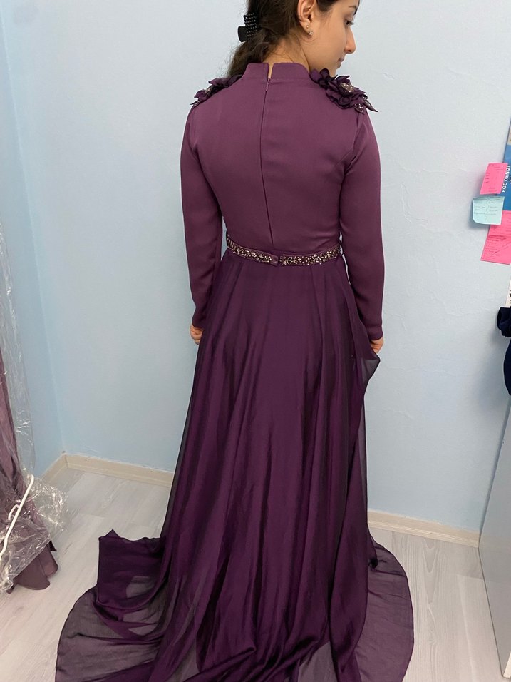 Uzun Kollu Mor Gotik Abiye Elbise - Görsel 5