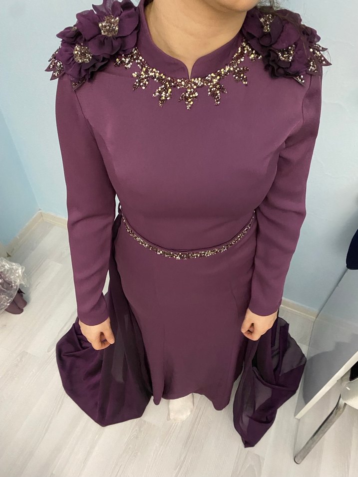 Uzun Kollu Mor Gotik Abiye Elbise - Görsel 2