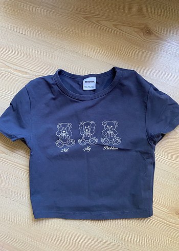 Bershka kadın mavi baskılı crop tişört