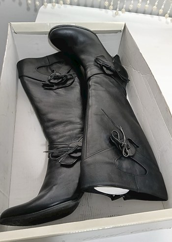 Siyah Deri Tokalı Dizüstü Çizme - Görsel 6