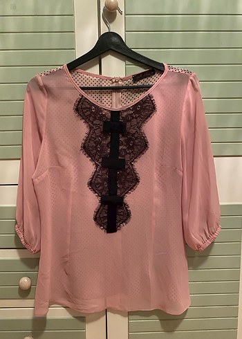 Pembe Dantel Detaylı bisiklet Yaka Kadın Bluz