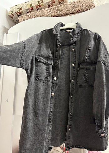 Gri Kadın Düğmeli Denim Ceket