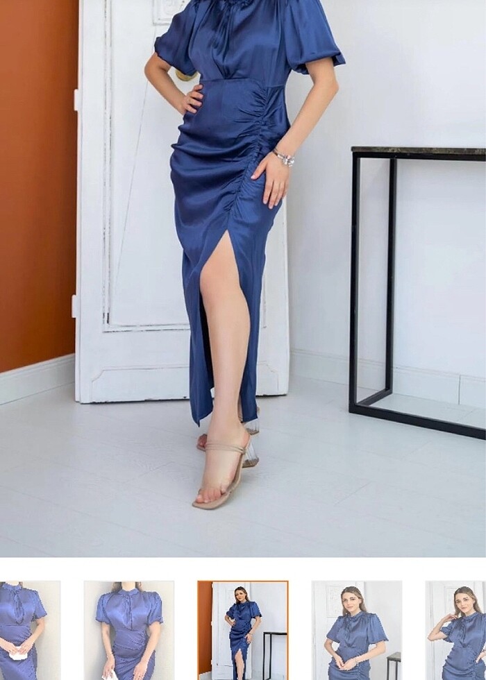 Lacivert saten elbise - Görsel 2