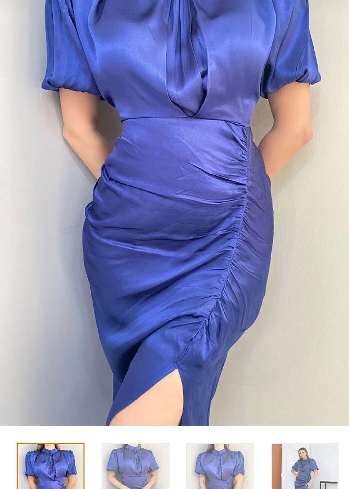 Lacivert saten elbise - Görsel 3