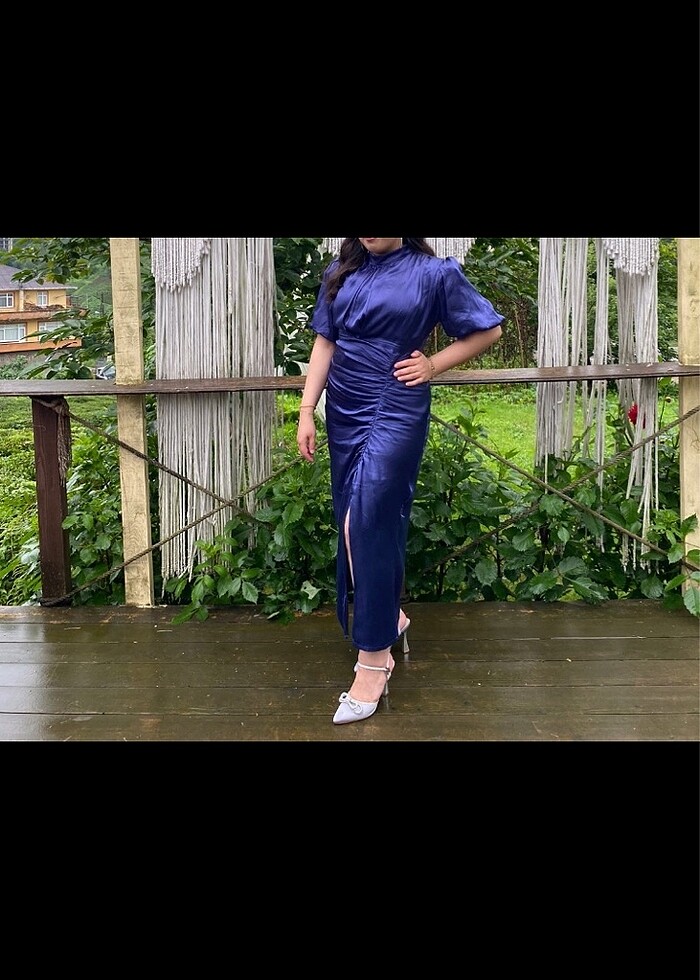 Lacivert saten elbise - Görsel 4