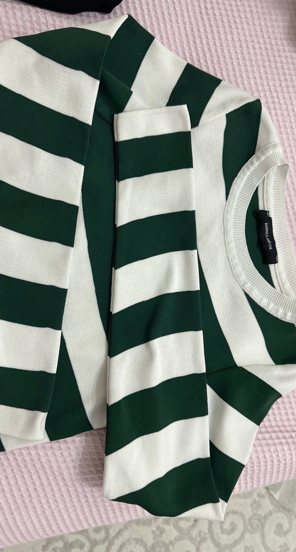 Yeşil Beyaz Çizgili Uzun Kollu Kadın crop - Görsel 2