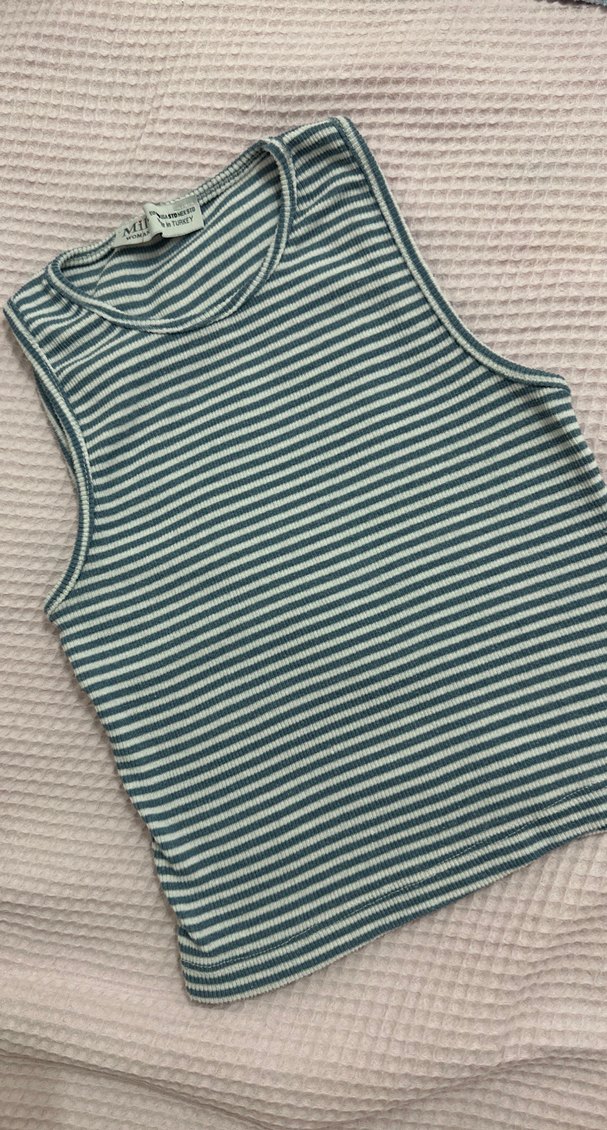 Kadın mavi Çizgili Kolsuz Triko Atlet - Görsel 3