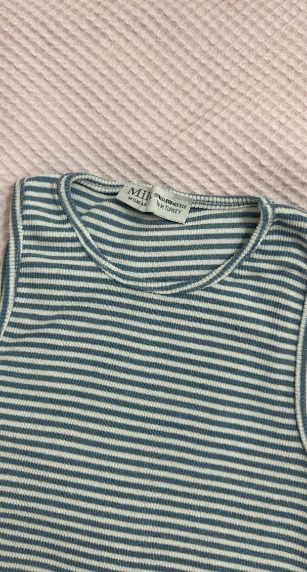 Kadın mavi Çizgili Kolsuz Triko Atlet - Görsel 2