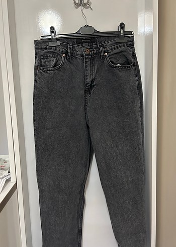 Gri Kadın Denim Pantolon, Kemerli, Midi Boy - Görsel 2