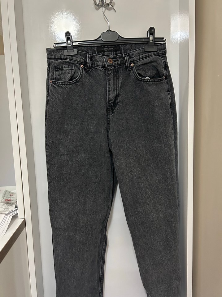 Gri Kadın Denim Pantolon, Kemerli, Midi Boy - Görsel 2