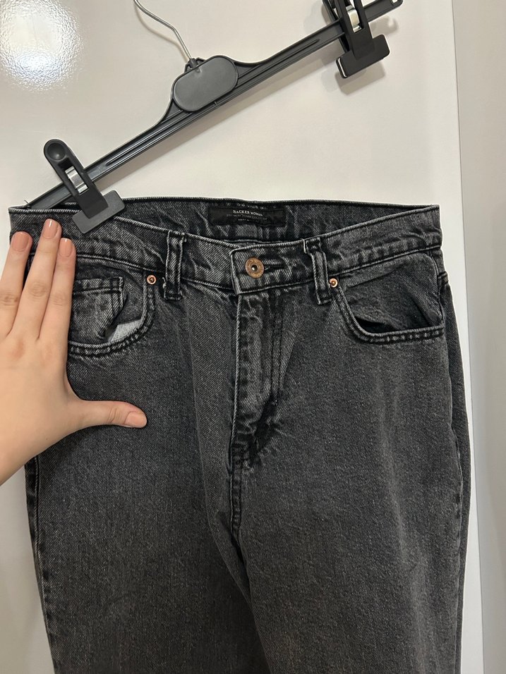 Gri Kadın Denim Pantolon, Kemerli, Midi Boy - Görsel 3