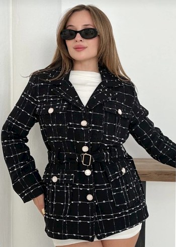 Düğmeli Beyaz Mini Ekose Kadın Ceket - Görsel 6