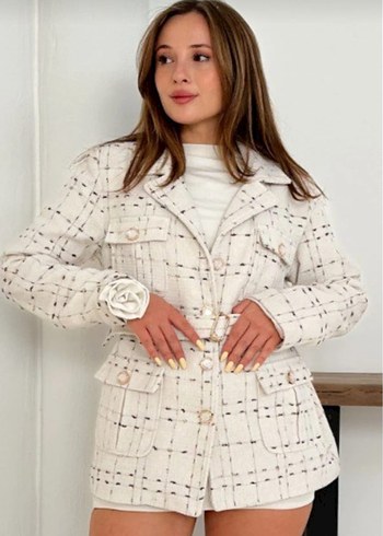 Düğmeli Beyaz Mini Ekose Kadın Ceket - Görsel 2