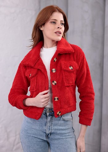 Düğmeli Kısa Kırmızı Kadın Ceket - Görsel 5