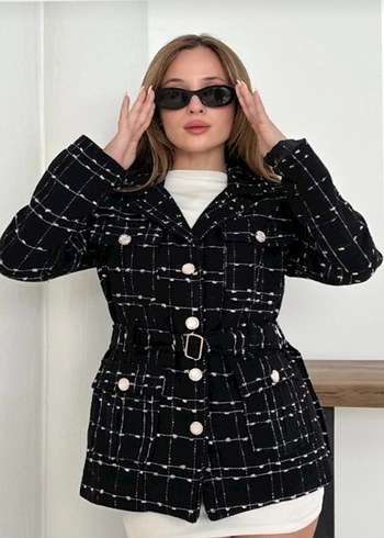 Düğmeli Siyah Kareli Mini Blazer - Görsel 2